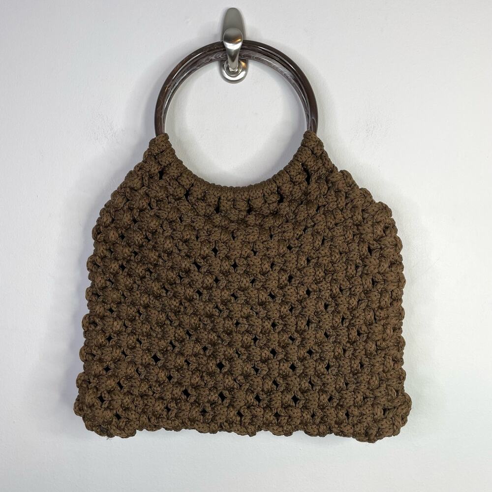 Vintage Handmade Crochet Macrame Chunky Knit Ring Handle Purse Bag Handbag Brown